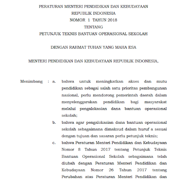 Juknis BOS Tahun 2018 - Permendikbud Nomor 1 Tahun 2018