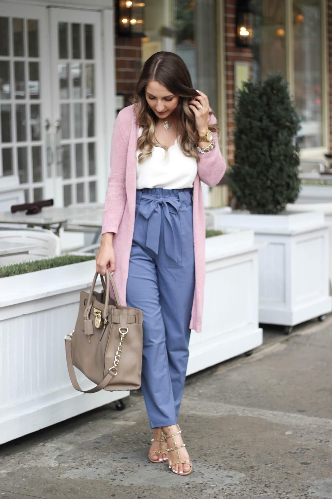 FASHIONABLE WORK OUTFIT, PAPER BAG PANTS + SCALLOP CAMI & PINK CARDIGAN