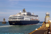 Holland America Line. From Copenhagen (Denmark), going to Amsterdam (Netherlands). Call sign PFRO, IMO 8919257. Southern Breakwater, Western Docks. Also: Western Entrance, Dover Breakwater West End Light, Admiralty Pier Lighthouse. Kent, England.