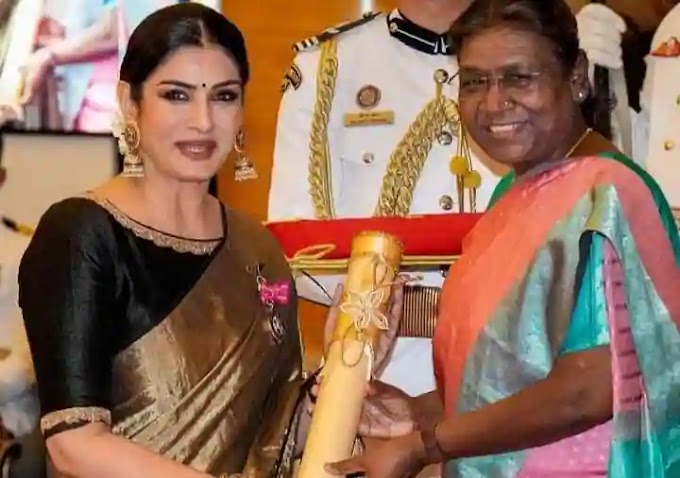 Raveena Tandon Padma Shri Award : बॉलीवुड एक्ट्रेस रवीना टंडन को राष्ट्रपति मुर्मू से मिला पद्मश्री सम्मान। 