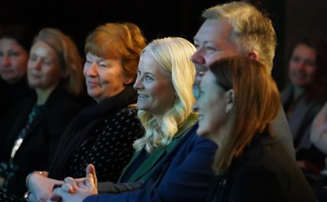 Crown Princess Mette-Marit wore a green cashmere coat from Marni, and navy top and trousers suit. Clarion Hotel The Hub in Oslo