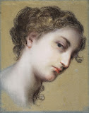 Head of a Young Dark-Haired Woman by Rosalba Carriera - Portrait Drawings - Pastel on Blue Paper from Hermitage Museum