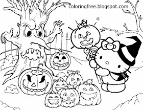 Poltergeist woodland pumpkin patch Trick or Treat Hello Kitty pictures to draw Halloween color sheet