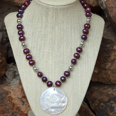 mother of pearl pendant necklace with purple pearls