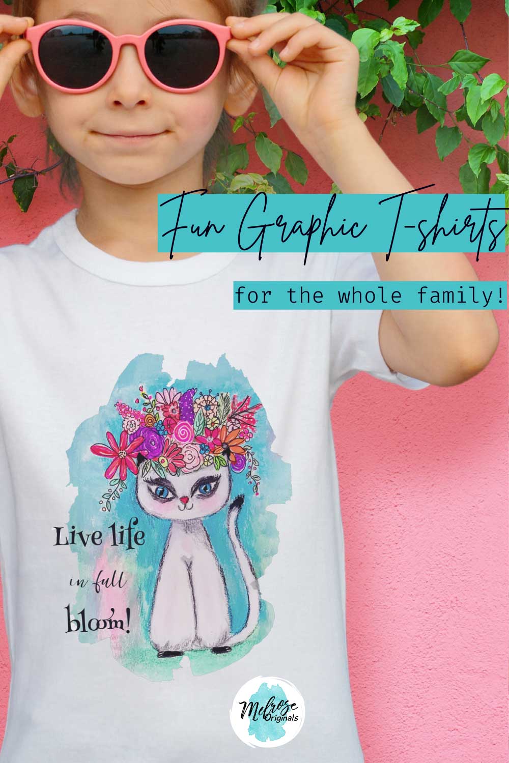 cute girl wearing a white t-shirt with colorful siamese cat illustration with flower wreath