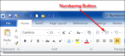 Numbering Button on Home Tab of MS Word 2010