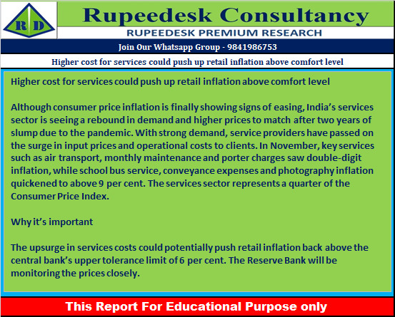 Higher cost for services could push up retail inflation above comfort level - Rupeedesk Reports - 06.01.2023