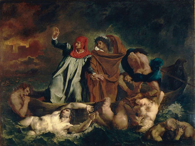 quadro de Delacroix mostrando Dante e Vrigílio atravessando o inferno. No quadro Virgílio com uma vestimenta marrom conduz Dante pelo inferno passando por cima de corpos em sofrimento