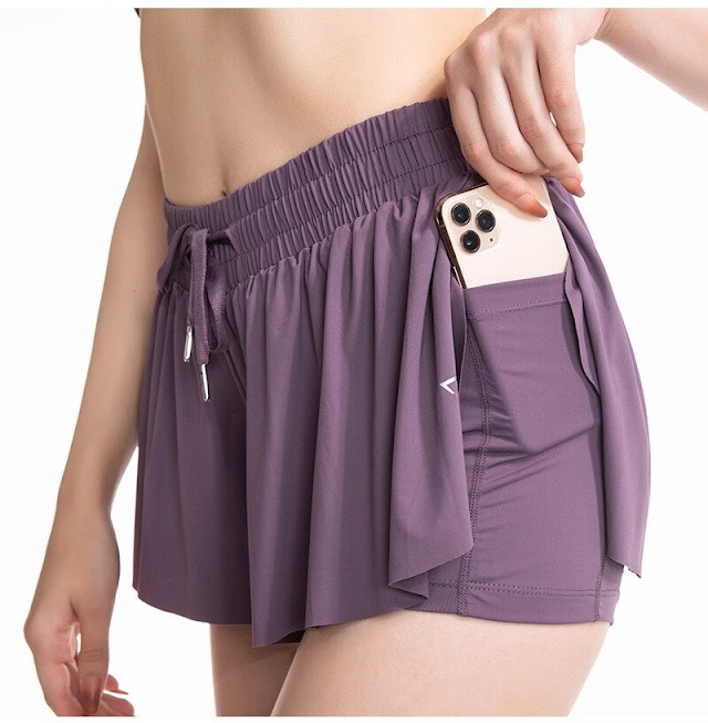 Womens Waisted 2 in 1 Running Shorts with Inside Pockets