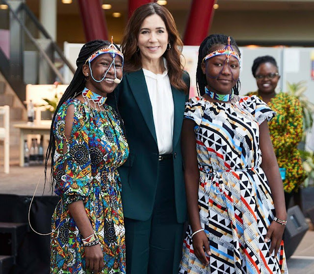 Crown Princess Mary wore a dark green wool suit, blazer and pants, by Massimo Dutti. Hugo Boss Iyabo2 blouse