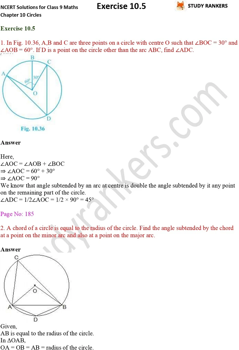 NCERT Solutions for Class 9 Maths Chapter 10 Circles Exercise 10.5 Part 1