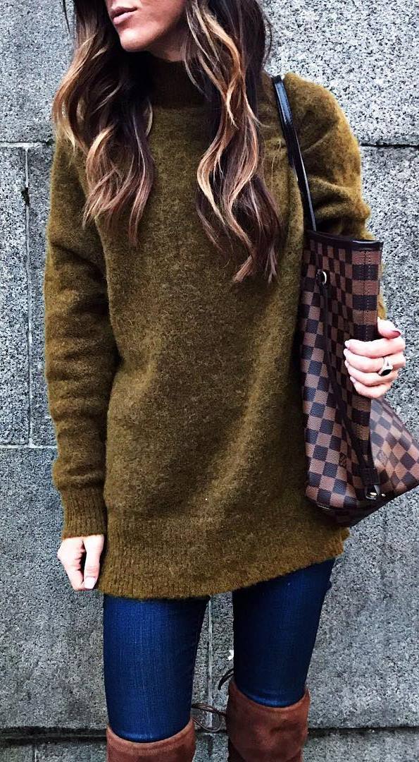 simple outfit / sweater + plaid bag + rips + brown over knee boots