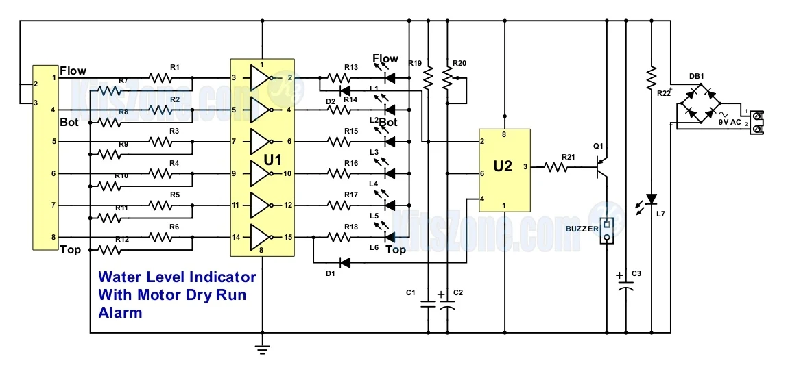 Water Level Indicator Circuit Project Using IC 555 With Motor Dry Run Protection Alarm