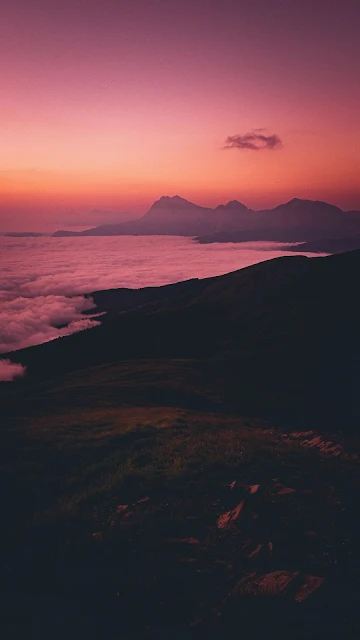 Wallpaper Mountain, Clouds, Pink Sunset Dusk, Sky