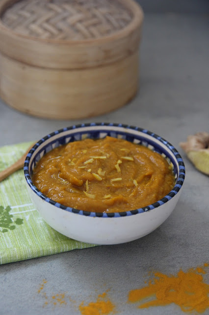 Soupe butternut-patate douce au citron, gingembre et curry