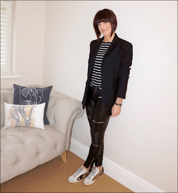 My Midlife fashion, hm breton top, zara oversized wool blazer, zara faux leather biker trousers, black leather belt, golden goose superstar distressed leather panelled calf hair trainers