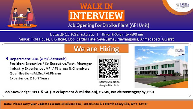 Cadila Pharma Walk in Interview For ADL Department