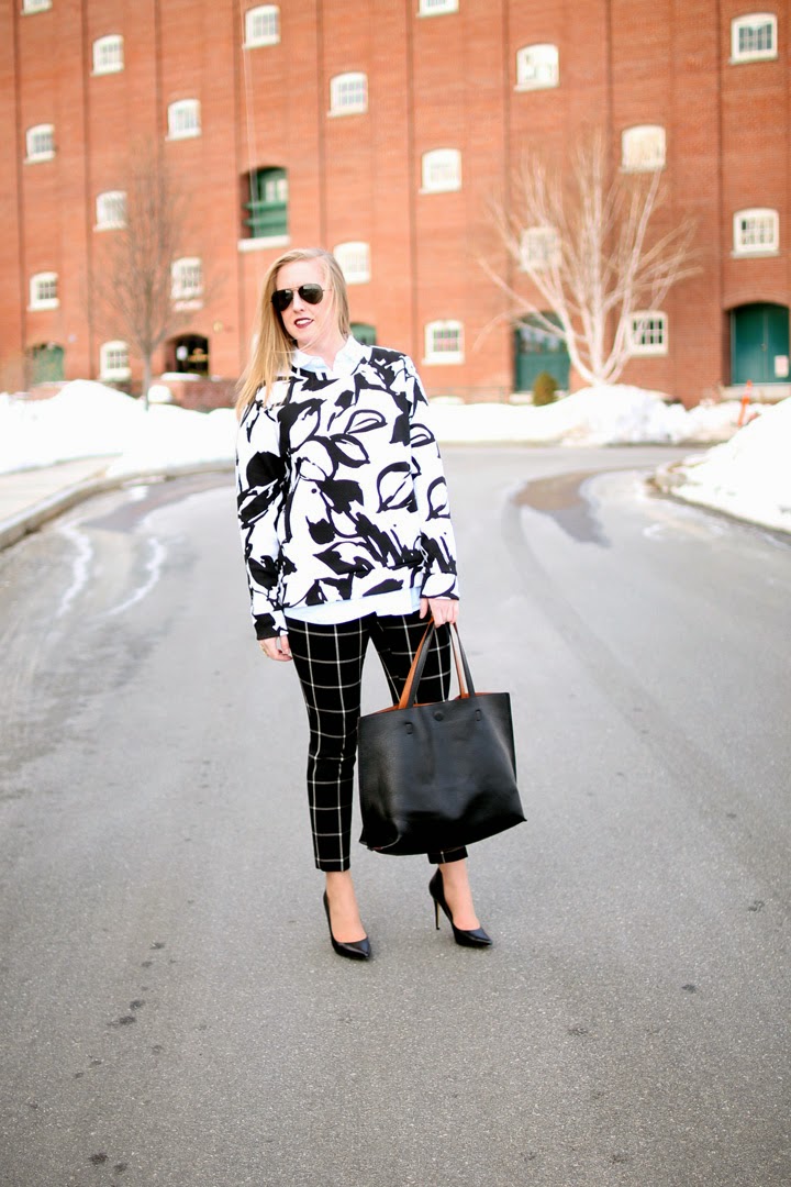 boston style blogger, loft window pane print pants, winter style, layered, fashion blogger style, ann taylor loft