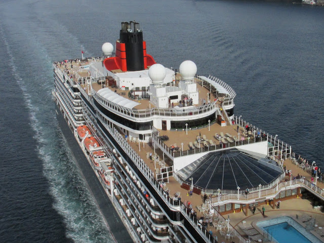 A bird's-eye view of Cunard's MS Queen Elizabeth departing Bergen, Norway; Cruise ships from above