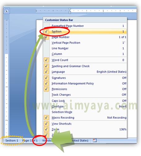  Gambar: Cara menampilkan atau menyembunyikan nomor section di status bar microsoft word