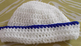 Sweet Nothings crochet free crochet pattern blog ; photo of the cap for the Nautical inspired sets in blue and white