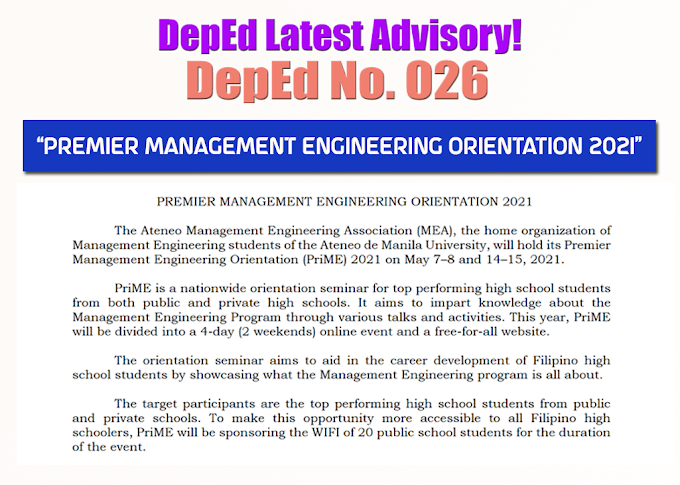 DepEd Advisory: PREMIER MANAGEMENT ENGINEERING ORIENTATION 2021 