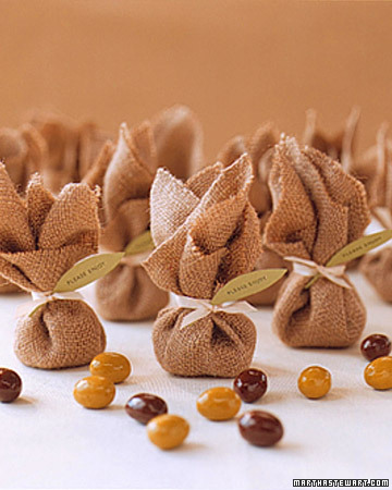 Use burlap with orange and brown coated chocolate to create a rustic fall 