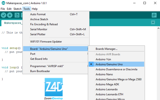 Select The Board with Arduino Software ide