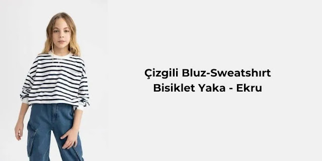 Çizgili Bluz-Sweatshırt Bisiklet Yaka - Ekru
