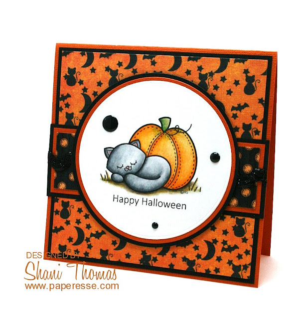 Halloween card featuring 2 Cute Ink Sleepy Kitty digital stamp, by Paperesse.