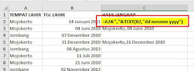 Menggabungkan Tempat Tanggal Lahir di Excel