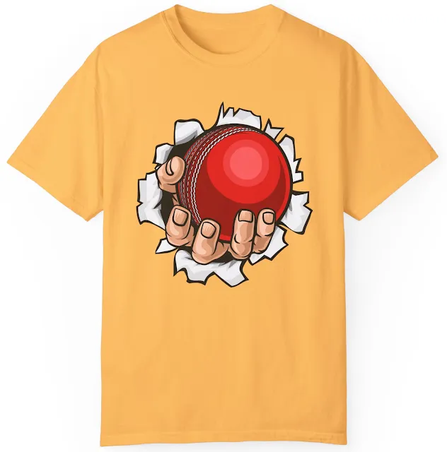 Garment Dyed Personalized Cricket T-Shirt With A Strong Hand Holding a Red Cricket Ball Tearing Through the Background