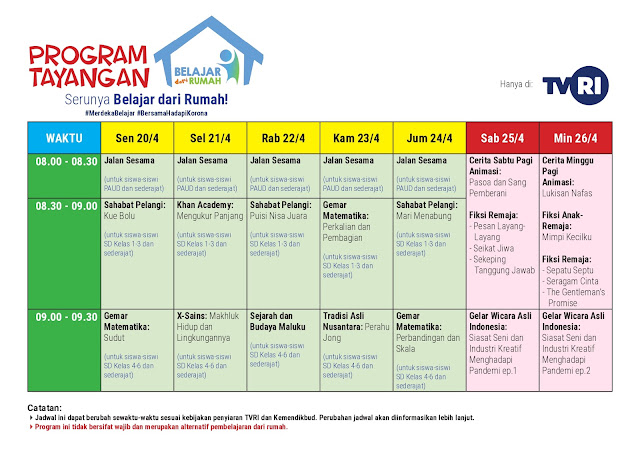 Kemendikbud; Jadwal Belajar Dari Rumah TVRI Minggu Ke Dua