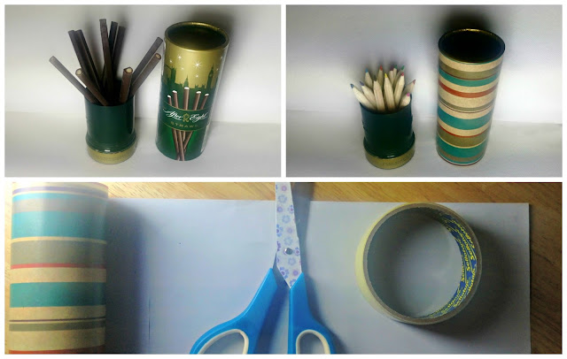 Pictorial instructions for making a pencil pot out of an After Eights tube. 