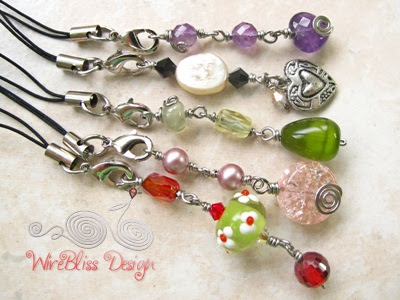 Wire wrapped handphone charms with mixture of glass beads, crystals, gemstones, pearl, Swarovski Crystal and metal charm