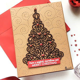 Delicate christmas card, crafty meraki Yule wonder layering tree dies, crfaty meraki ROuge opal gems, Simon says stamp whirl background die, quillish