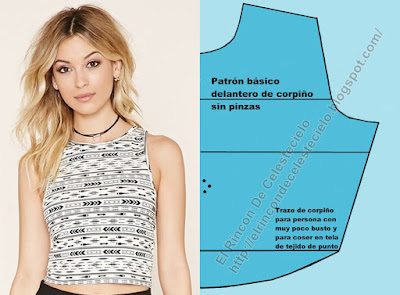 Crop top con explicación para trazo de delantero con pinzas eliminadas para tela elástica