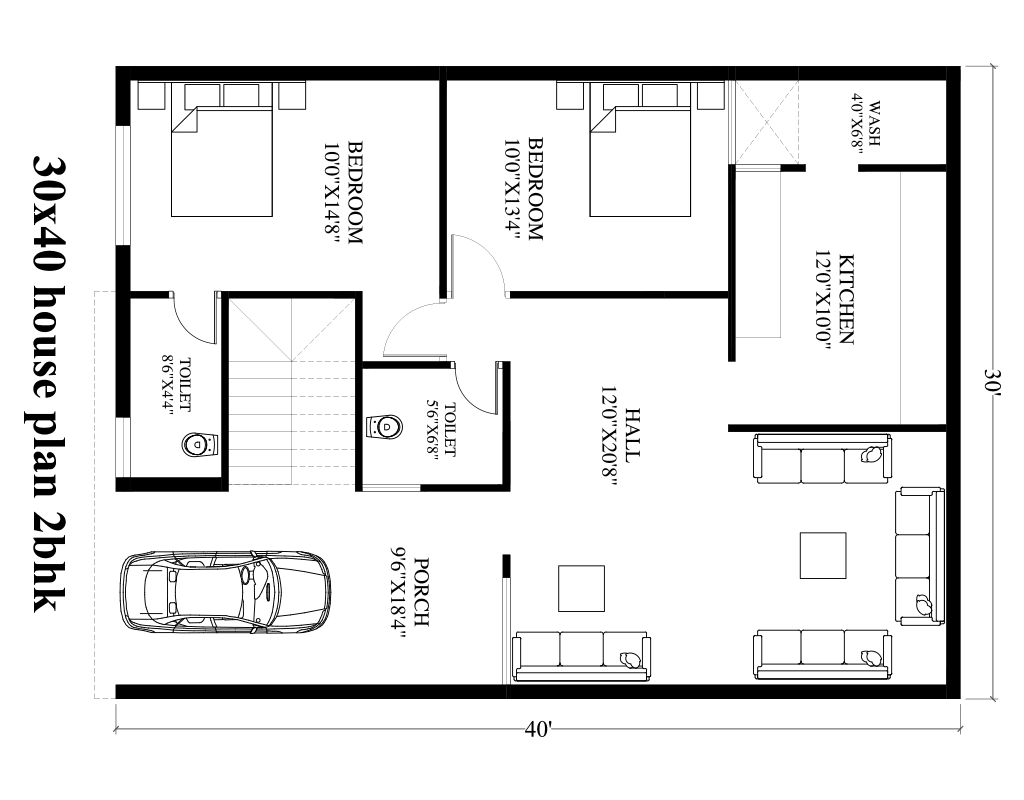 30x40 house plan 2 bedrooms car parking