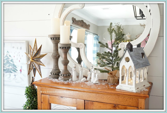 Cottage -Farmhouse- Christmas- Foyer-Manger-Vignette-French-Country--From My Front Porch To Yours
