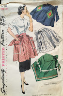 Vintage pattern shows four variations of the half apron. Three are gathered and one is triangular. Square and diamond pockets are also shown.