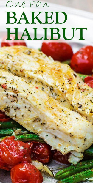 ONE-PAN MEDITERRANEAN BAKED HALIBUT RECIPE WITH VEGETABLES