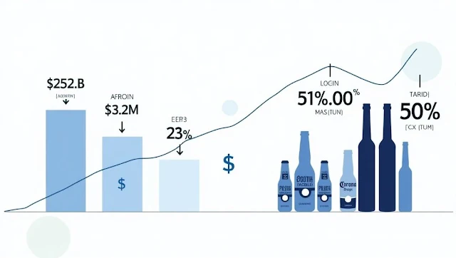 Graphical summary showing Constellation Brands’ Q1 2025 financials missing estimates, with notes on aluminum tariffs, reduced beer sales (Modelo & Corona), and lower net income.