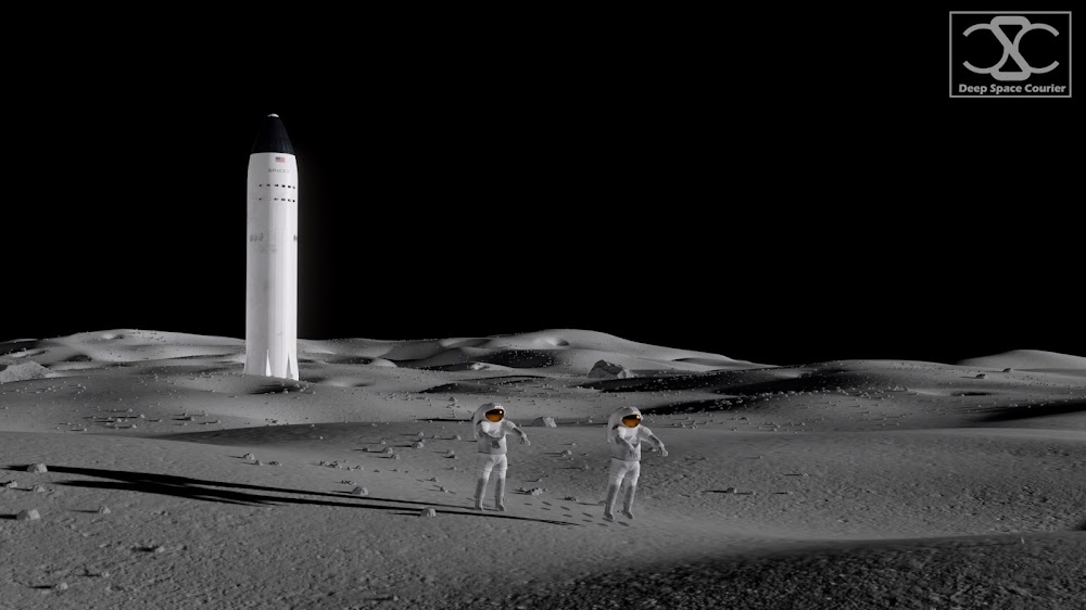 Astronauts on the Moon near SpaceX Lunar Starship by DeepSpaceCourier