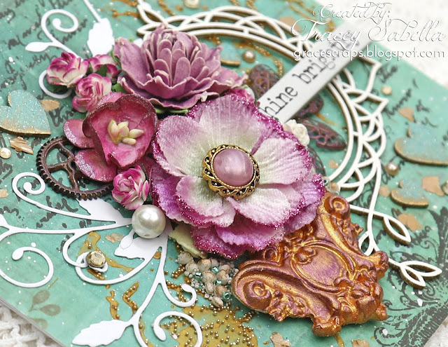 “Shine Brightly” Shabby Mixed Media Card Featuring Studio75 Paper by Tracey Sabella for Scrap & Craft: #studio75 #scrapiniec #Finnabair #Primamarketing #49andmarket #handmadecard #mixedmedia #mixedmediacard #shabbychic #shabbychiccard #papercrafting #flowercard #chipboard #lindysgang #lindysstampgang  #wildorchidcrafts #helmar #artanthology #bluefernstudios #stampendous 