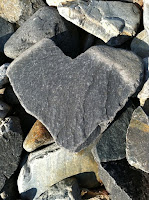 In a pile of rocks, one in the foreground is heart-shaped
