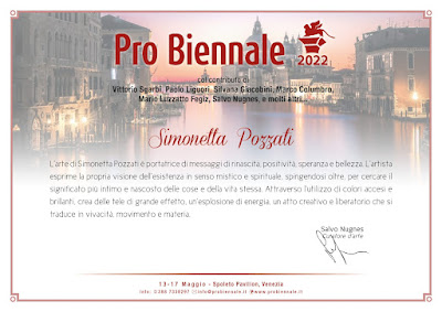 "L'arte di Simonetta Pozzati è portatrice di messaggi di rinascita, positività, speranza e bellezza. L'artista esprime la propria visione dell'esistenza in senso mistico e spirituale, spingendosi oltre, per cercare il significato più intimo e nascosto delle cose e della vita stessa. Attraverso l'uttilizzo di colori accesi e brillanti, crea delle tele di grande effetto, un'esplosione di energia, un atto creativo e liberatorio che si traduce in vivacità, movimento e materia"  ~ Salvo Nugnes