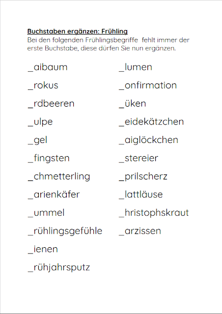 PDF Datei mit Buchstaben ergänzen: Frühlingsbegriffe zum Ausdrucken