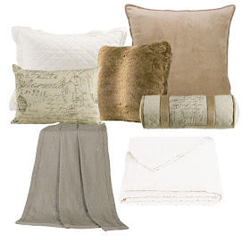 Fairfield Euro sham, Fairfield throw, Fairfield script pillows, Wolf faux fur pillow, vintage white linen quilt and sham