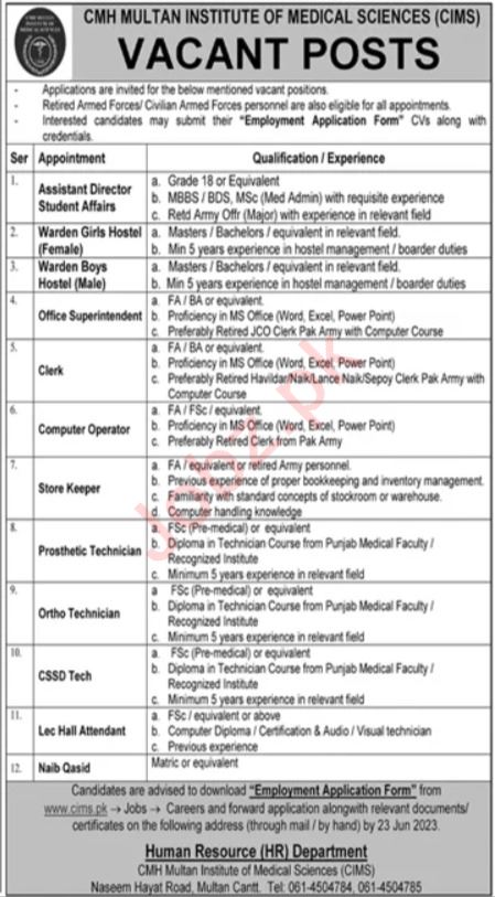 Jobs in CMH Multan Institute of Medical Sciences CIMS