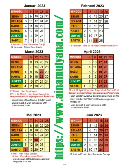 Kalender Pendidikan (Kaldik) Provinsi Lampung Tahun Pelajaran 2022/2023 untuk TK SD SMP SMA SMK